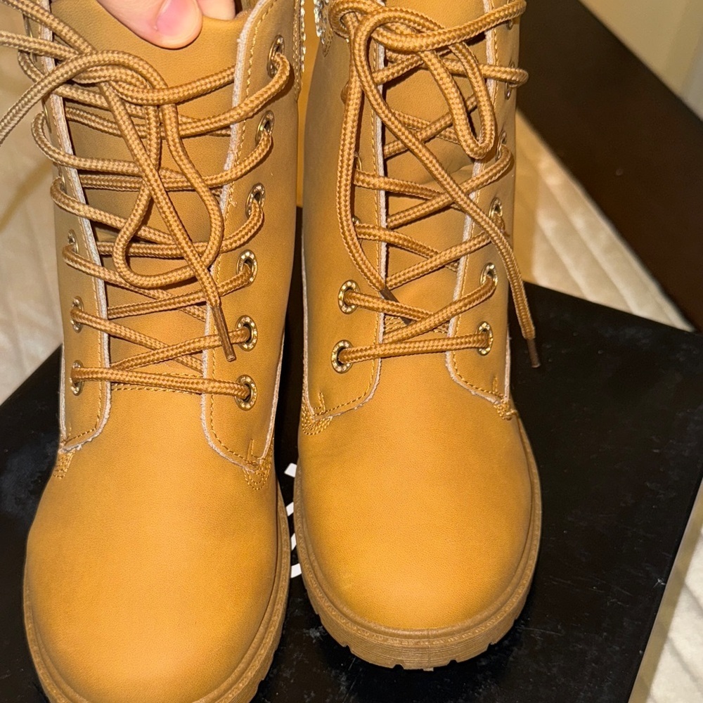 Bebe Mustard Lace-Up Boots with Glittering Cuff - Picture 12 of 16
